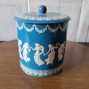 Vintage 1950’s Round Blue/Ivory Tin Canister, Made in England, Greek Goddess